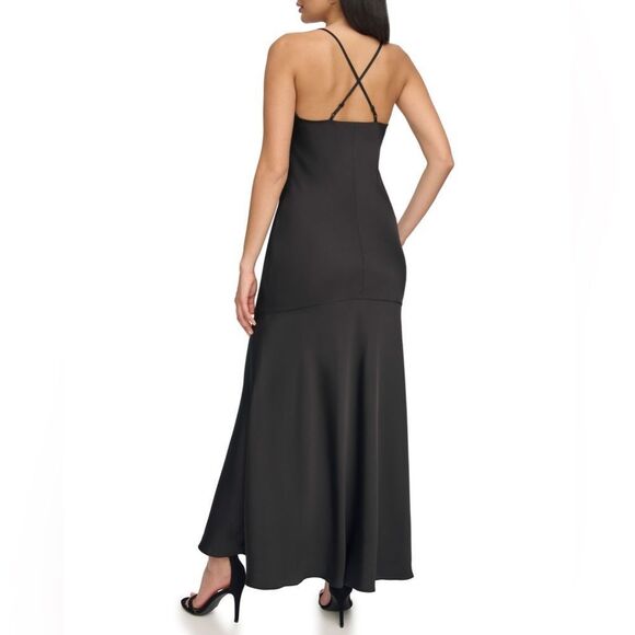 Vince Camuto Black Satin Maxi Slip Dress V-Neck Spaghetti Strap Front Slit 4 - Picture 6 of 13